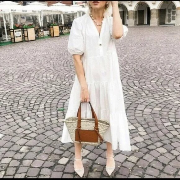 Zara Poplin Voluminous Short Sleeve Midi Dress White Size Medium - Picture 1 of 8